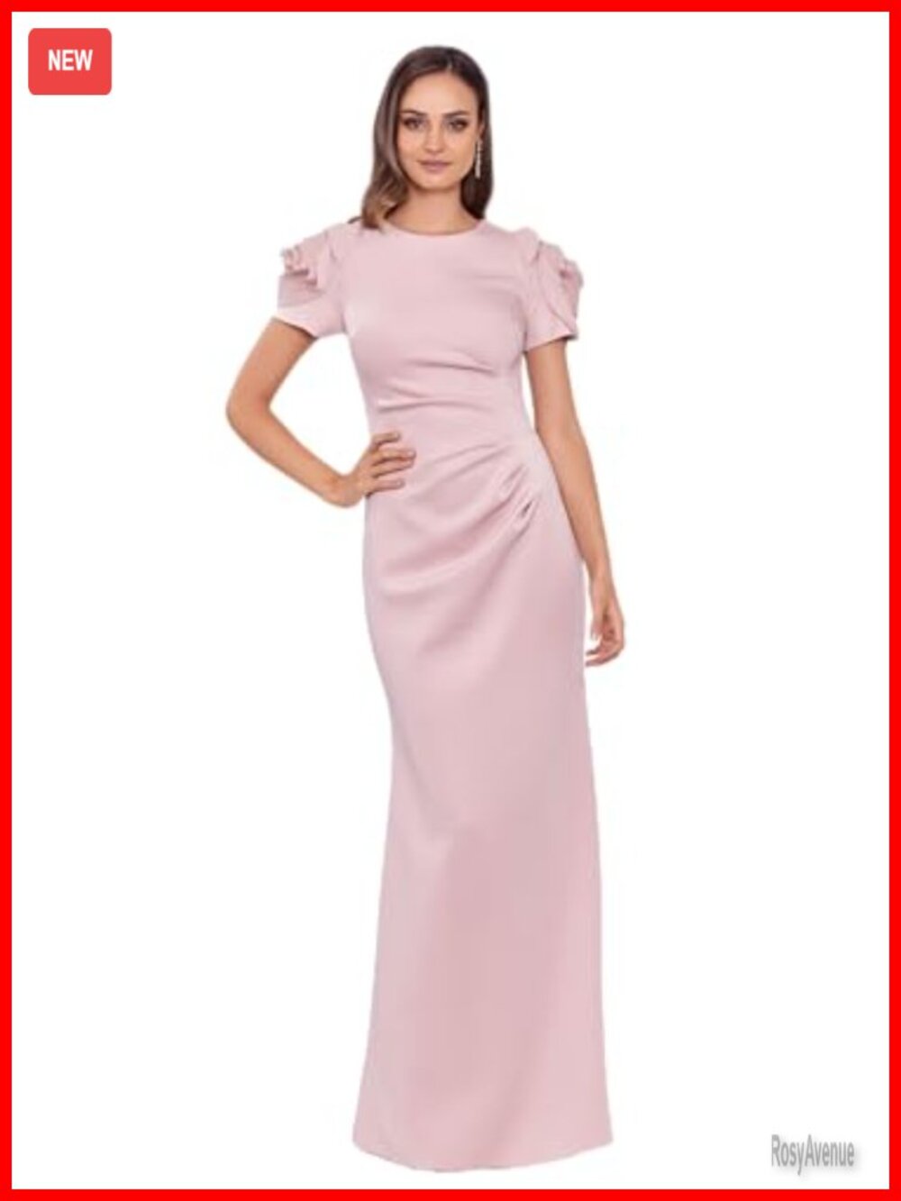 Scuba Crew Neck Floral Sleeve Ruched Floor Length Formal Dress Sheath